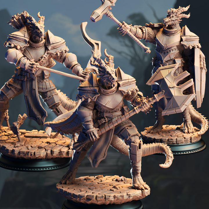 Silver dragonborn knights miniature set, by GLC3DPrints