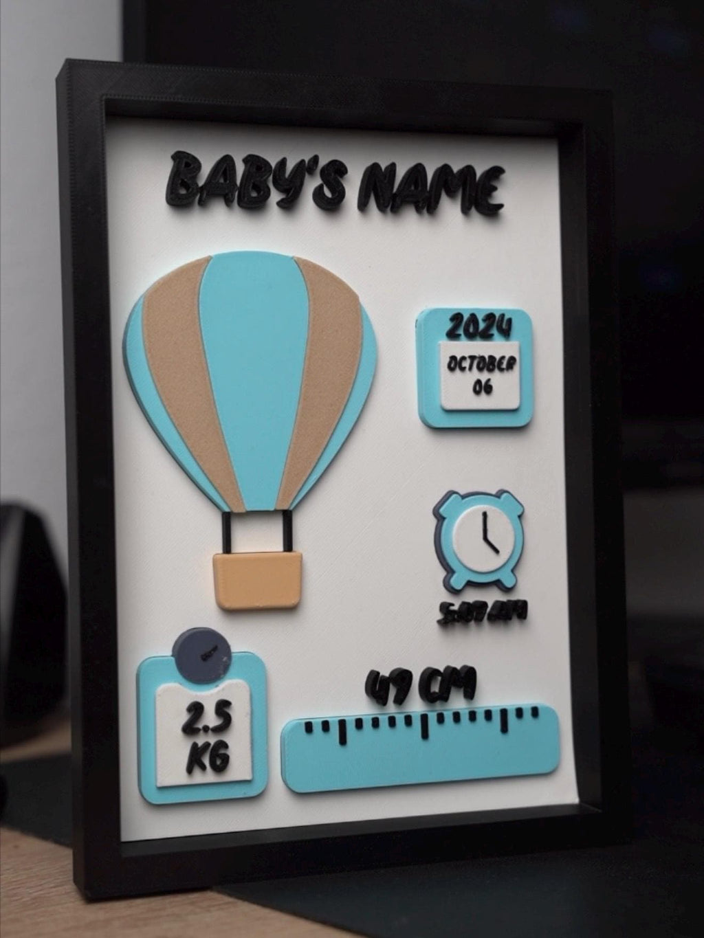 Custom baby announcement frame, hot air balloon keepsake, by GLC3DPrints