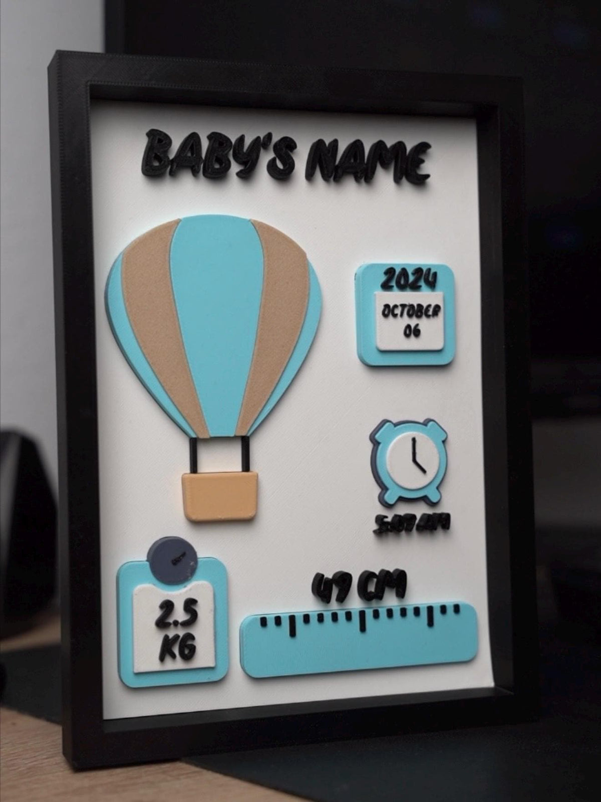 Custom baby announcement frame, hot air balloon keepsake, by GLC3DPrints