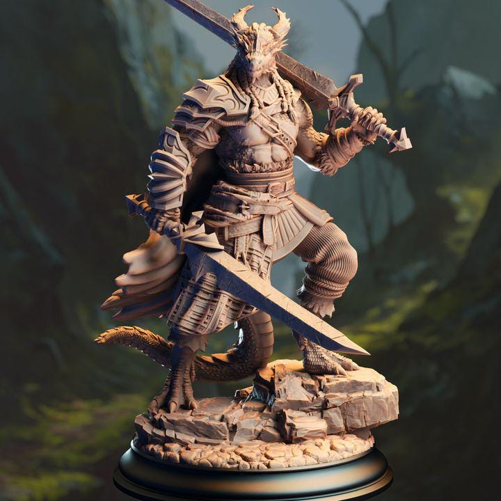 Black dragonborn barbarian miniature for D&D and Pathfinder, by GLC3DPrints