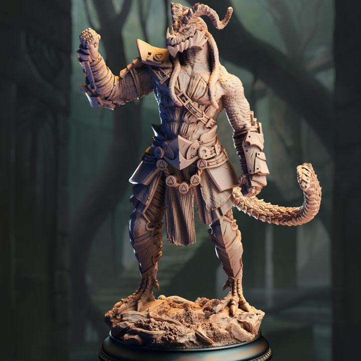 Vaakrin Steeljaw black dragonborn fighter miniature, by GLC3DPrints