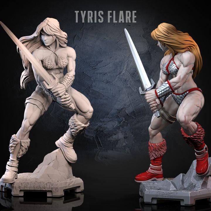 Tyris Flare female warrior miniature by Dragun Studios, printed by GLC3DPrints