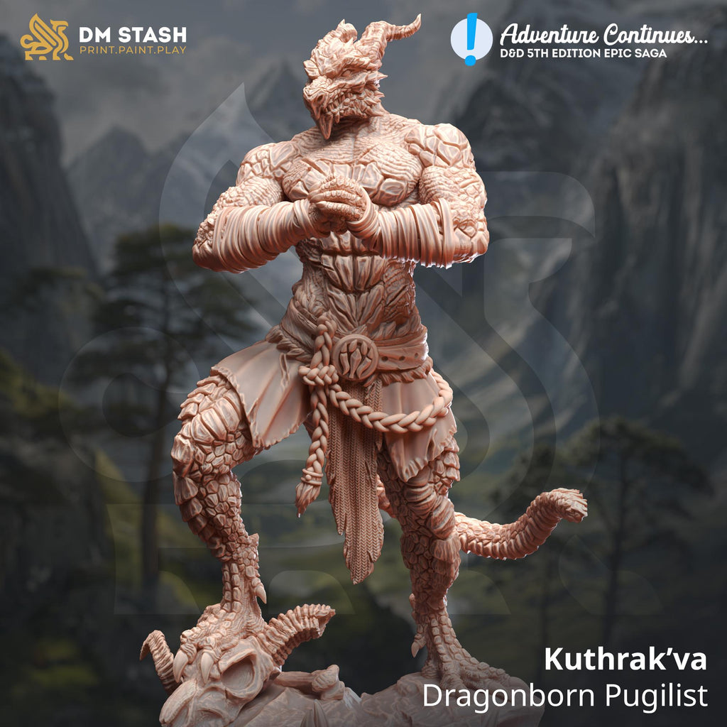 Dragonborn pugilist miniature, 32mm DM Stash model, by GLC3DPrints