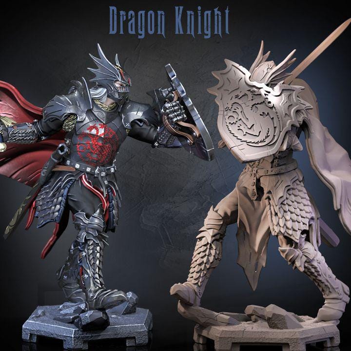 Dragon knight warrior miniature, armoured fantasy RPG hero, by GLC3DPrints