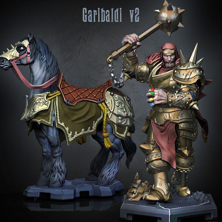 Garibaldi V2 warlord miniature with armoured war horse, 64mm, by GLC3DPrints