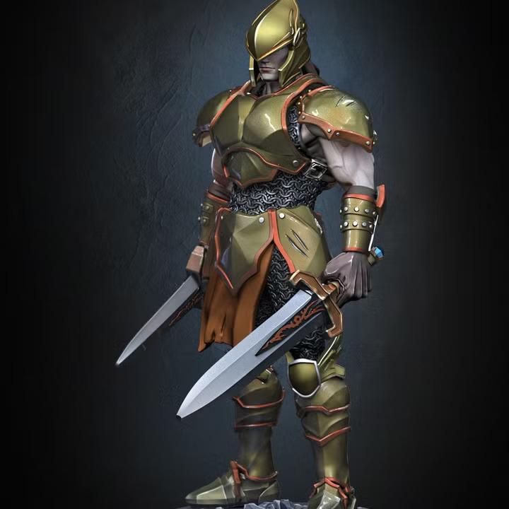 Dual sword armoured warrior miniature, side view