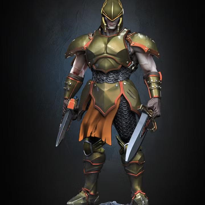 Dual sword armoured warrior miniature, alternate view