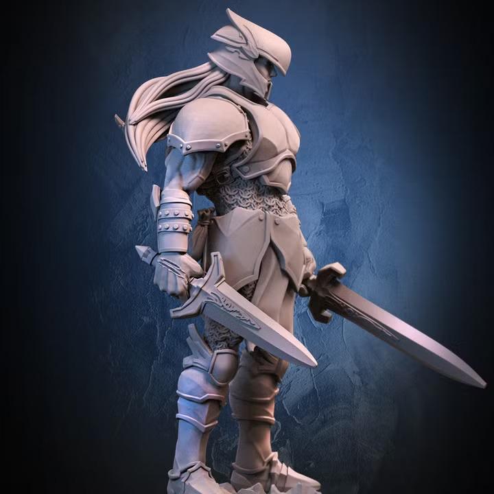 Dual sword armoured warrior miniature, back view