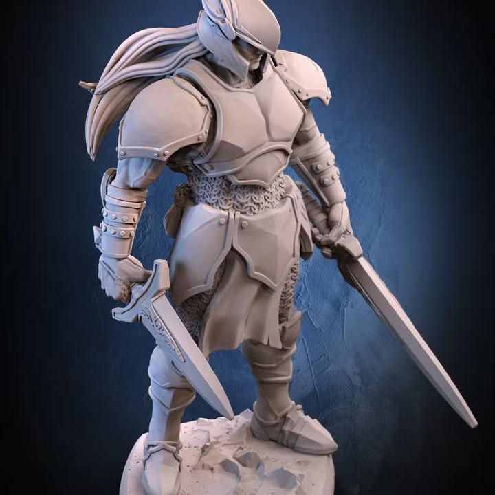 Dual sword armoured warrior miniature, detail view