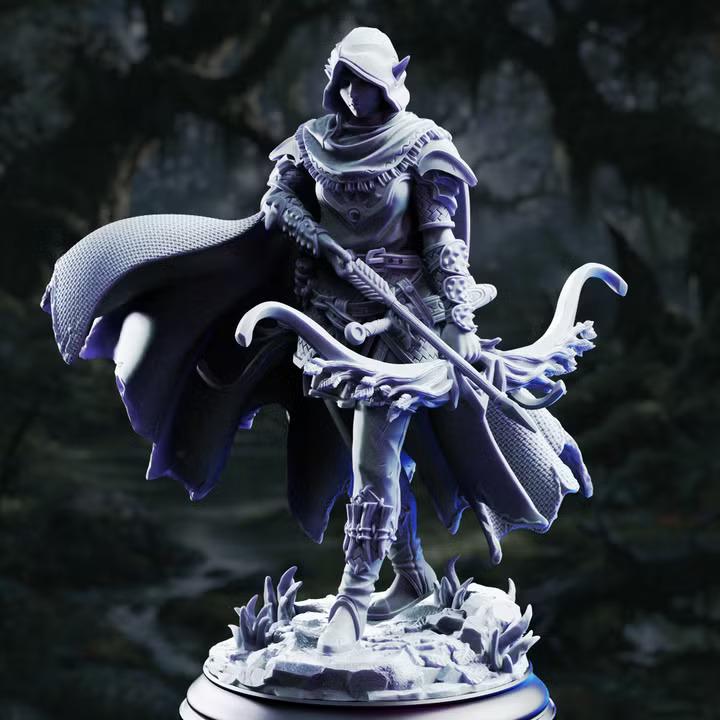 Hooded elf ranger miniature, detail view